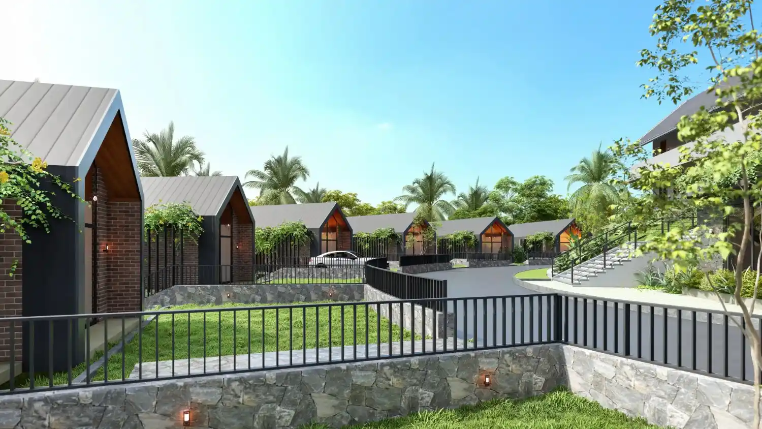 ICON villa swimming pool area with loungers and tropical landscaping